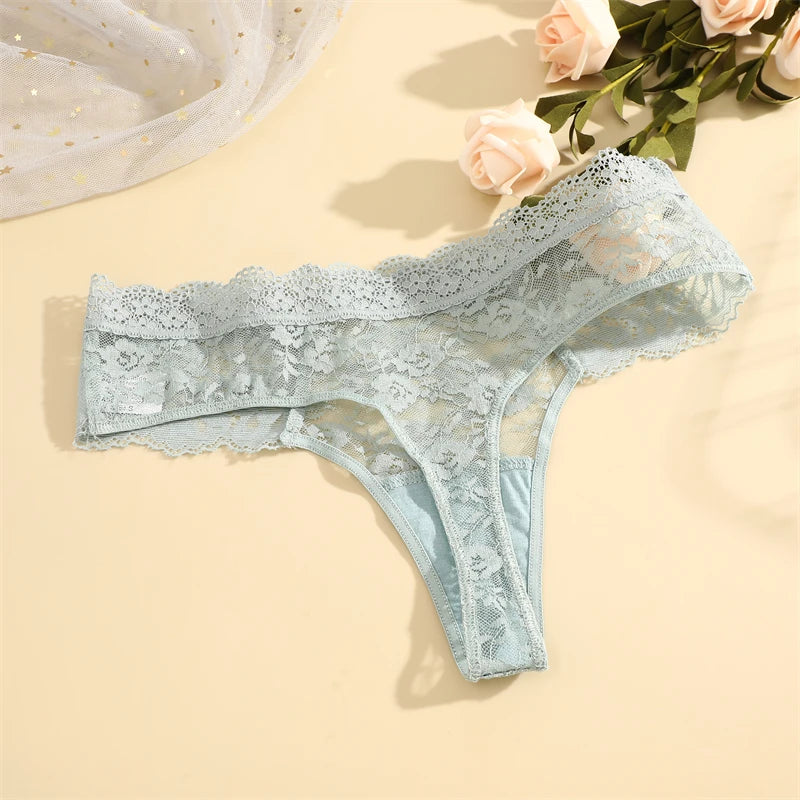 3Pcs Women's Lace Hollow Out Underwear Floral Print Panties Low-Waist Thong Breathable G-string Lingerie