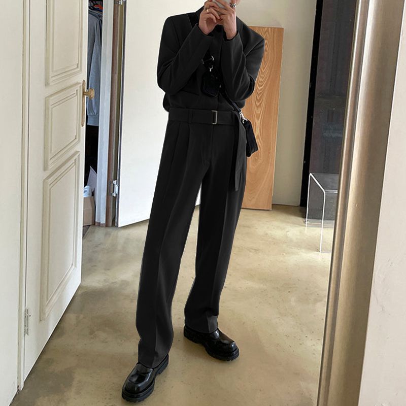 Men's Lapel Long Sleeve Pockets Jumpsuit With Belt S-5XL