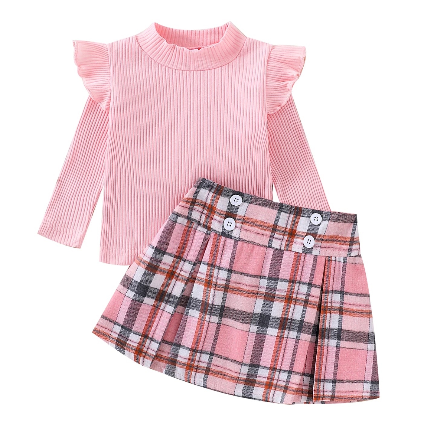 Little Girl Fall Clothes Set - Ruffle Long Sleeve Ribbed Top & Plaid A-Line Skirt