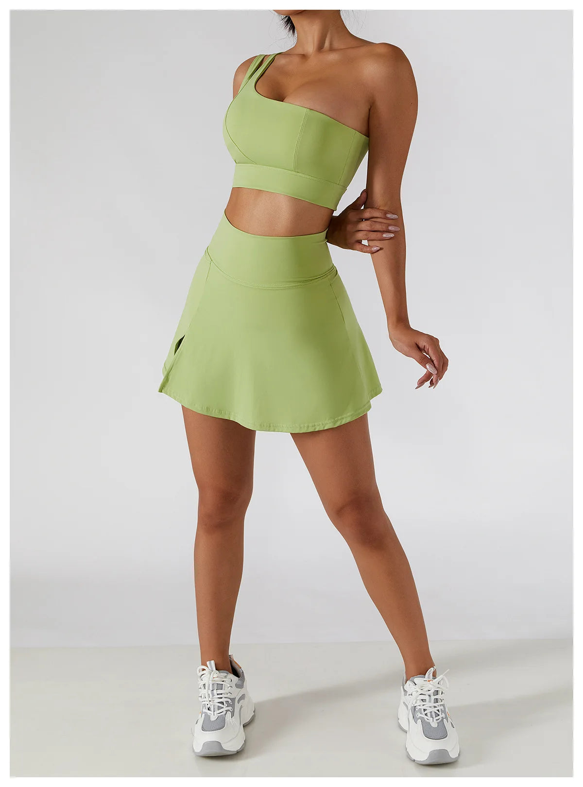 Women’s 2pc Sports Skirt Suit Outdoor Leisure Single Shoulder Bra Suit Quick Drying Tennis Set Yoga workout Skirt Set