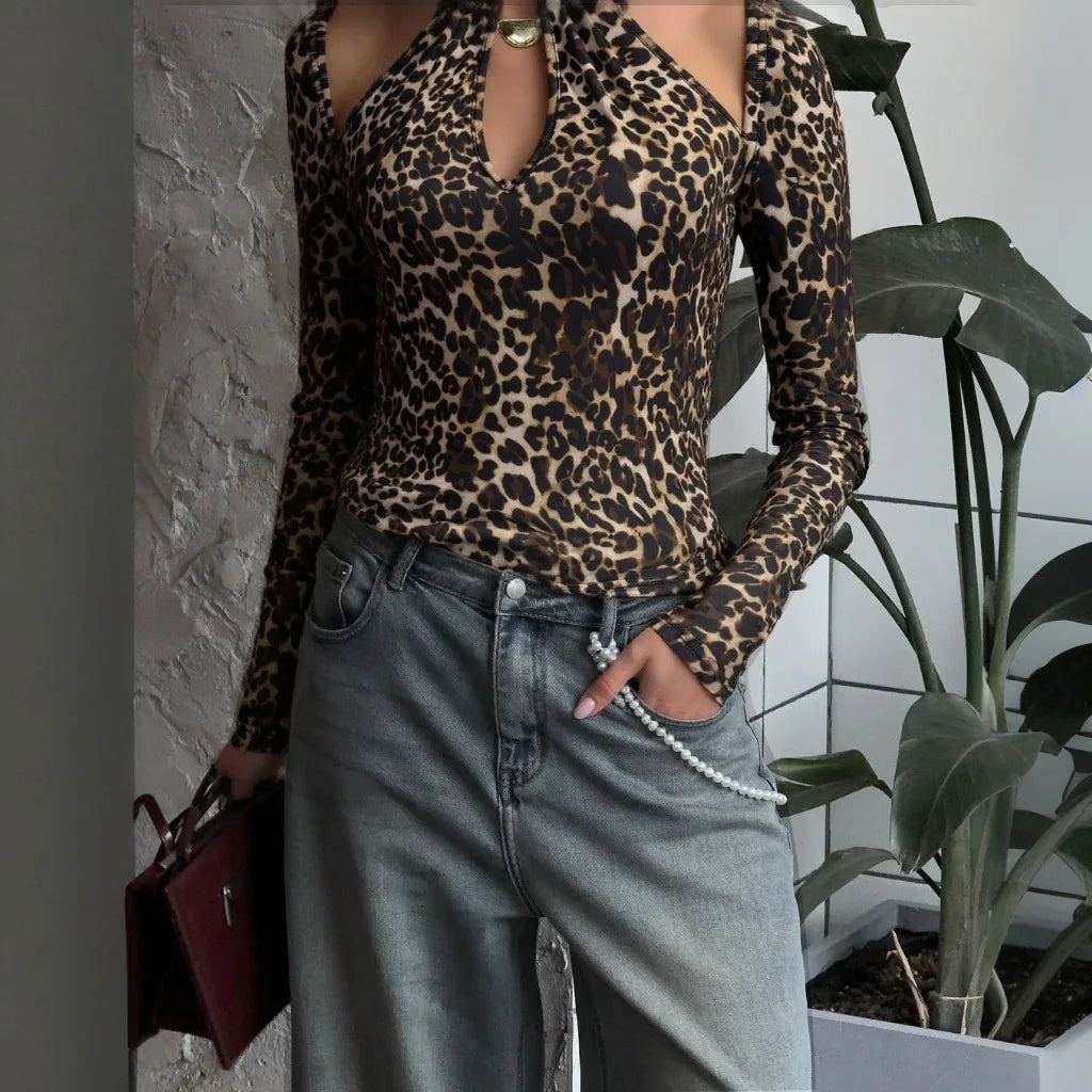 Women's Halter Lace Up Leopard Print Top - Long Sleeve Cut Out Cropped Streetwear