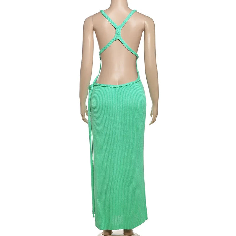 Women's Green Knitted Cut-Out Maxi Dress - Backless Summer Beach Dress