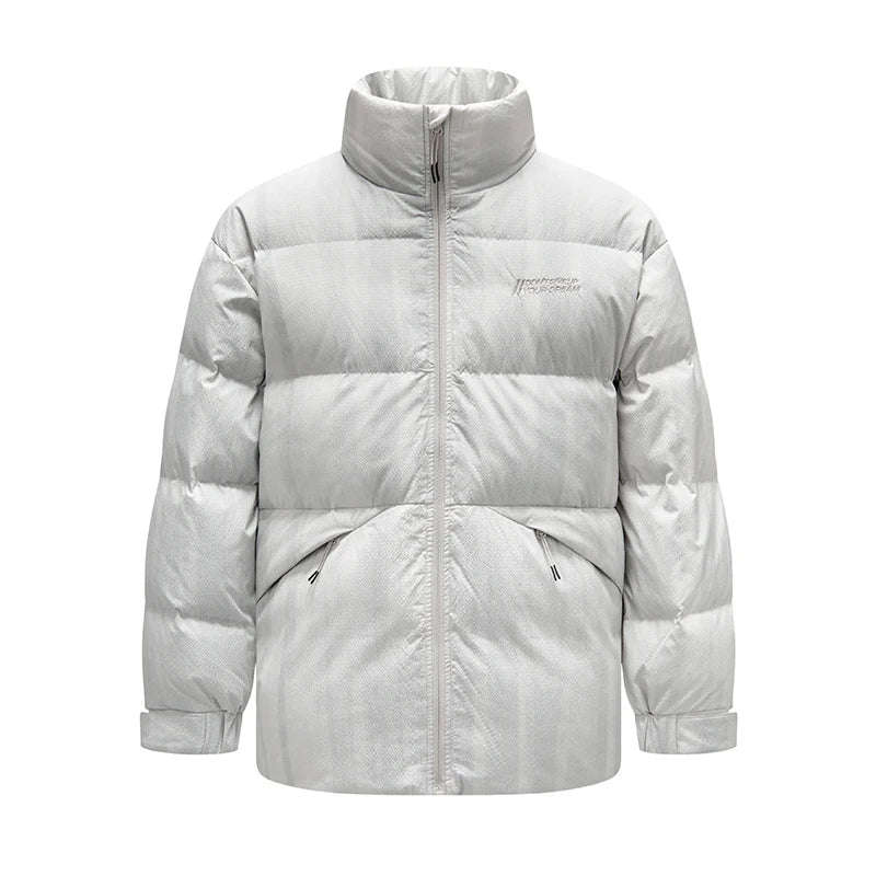 Down Jacket Men Textured Loose Fit Stand Collar Fashion Embroidered Coat Winter Outerwear