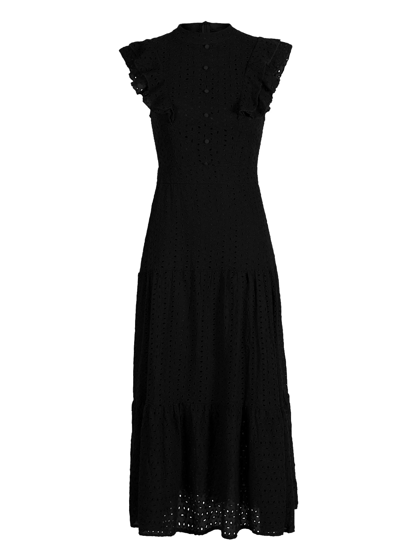 Women's Bohemian Hollow Out Elegant Round Neck Flying Sleeve Button Long Summer Dress