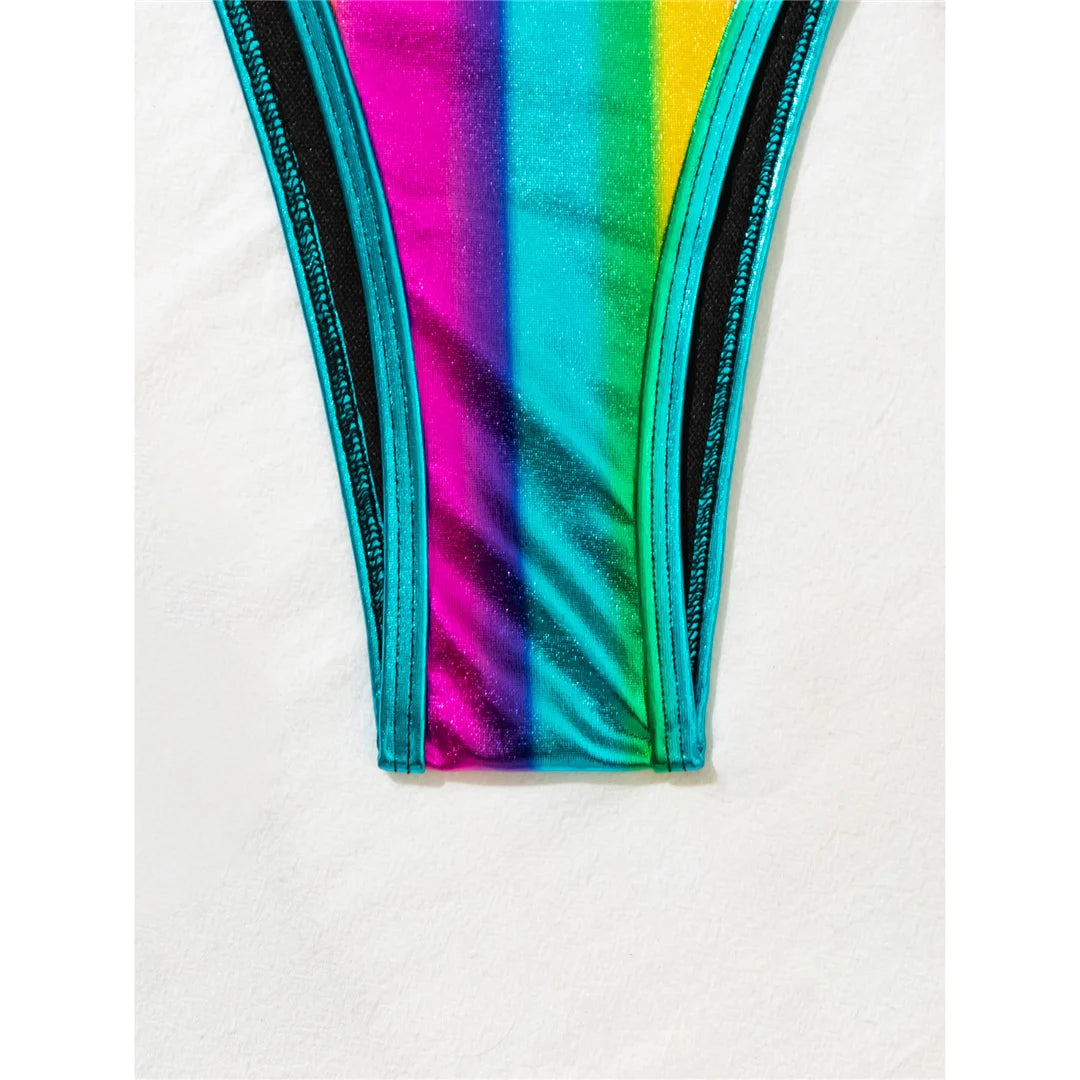 Women's Rainbow Halter Straps High Leg Cut Bikini Swimsuit Swimwear Two-pieces Bikini set