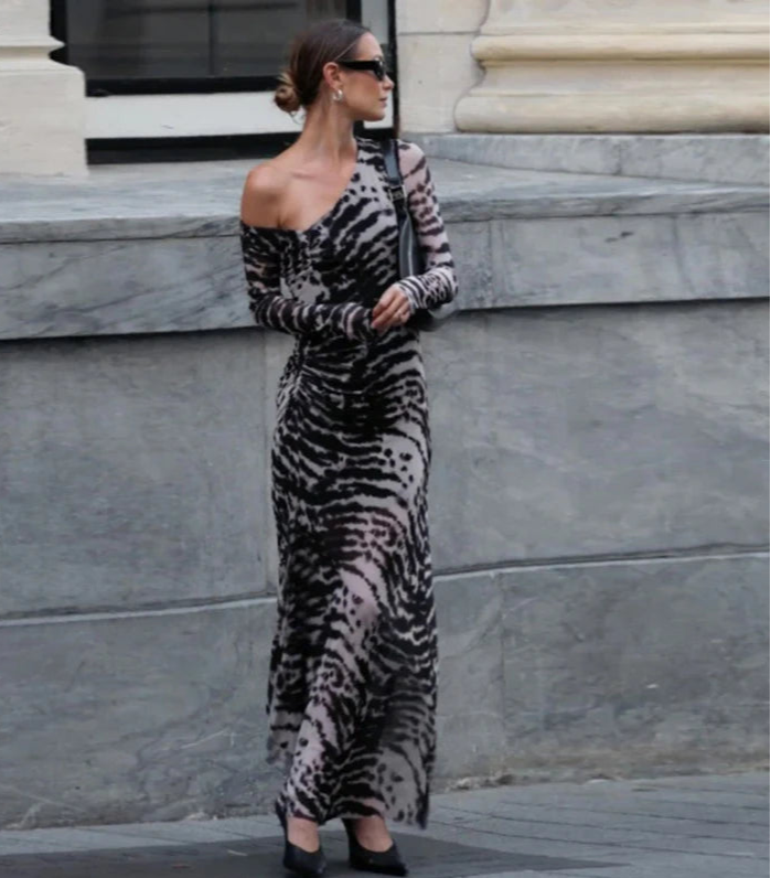 Women's Asymmetrical Ruched Zebra Stripe Maxi Dress - Long Sleeve Vintage Style