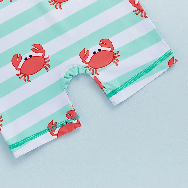0-4Y Toddler Kids Boys Swimwear Summer Crab Stripe Print Zipper Rash Guard Swimsuit and Hat Beachwear