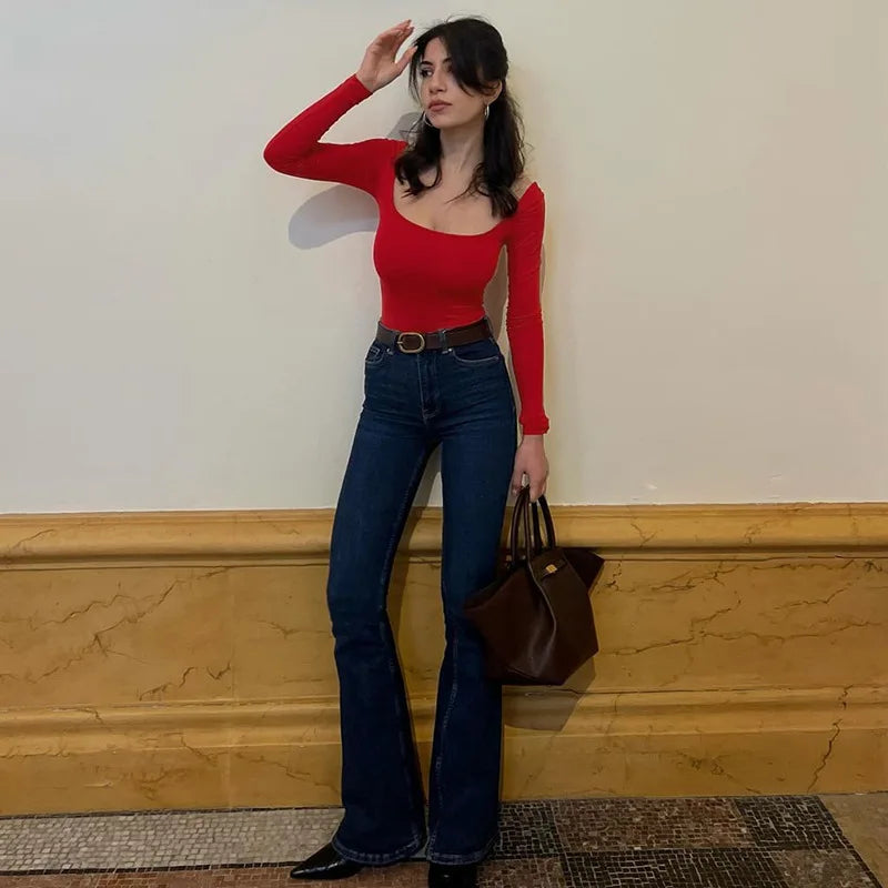 Women's Square Collar Long Sleeve Solid Basic Top