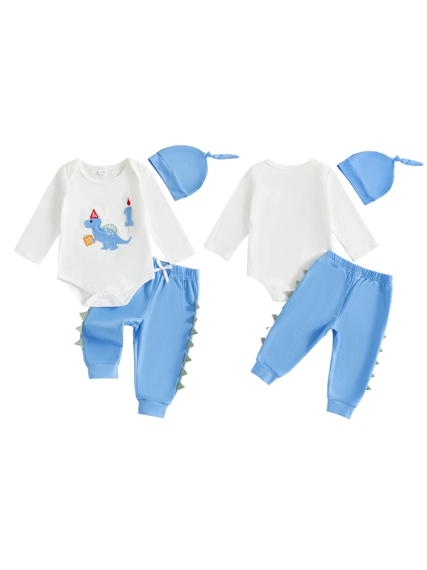 Newborn Baby Boys Birthday Clothing Set - Dinosaur Embroidery Romper, Pants & Hat 3-Piece (0-18M)