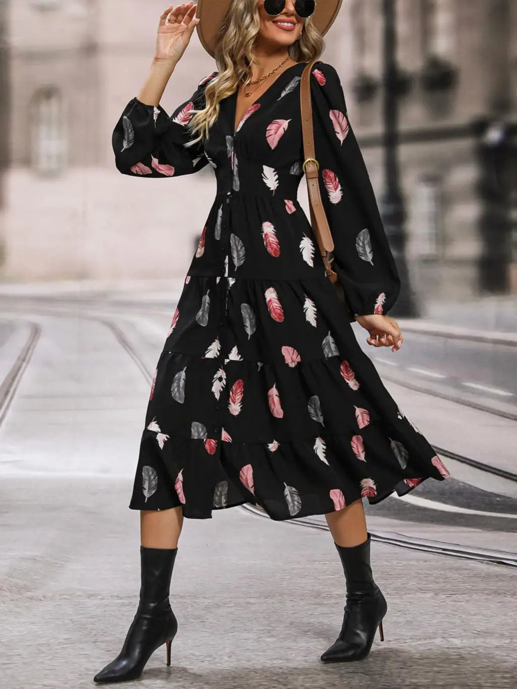 Women's Autumn Winter Casual Print Single Breasted Short Sleeve V Neck High Waist Dress