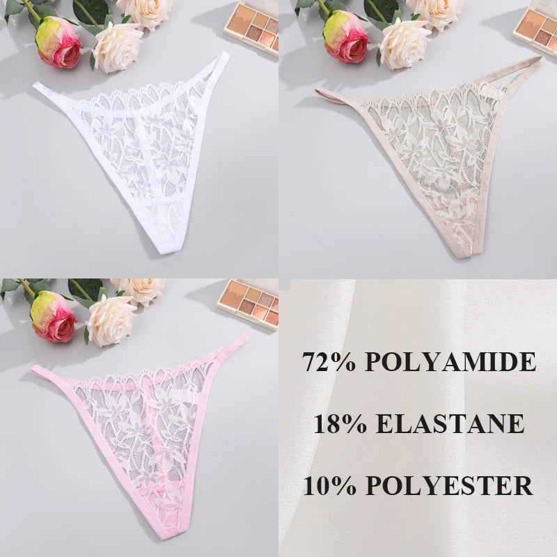 Women's 3Pcs/Set Lace Floral Thongs Hollow Out Underwear Low-Waist Perspective G-string Breathable Lingerie