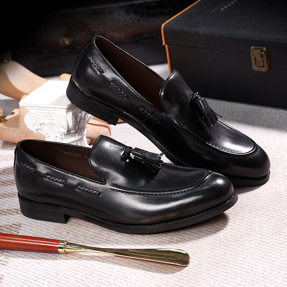 Classic Men's Tassel Loafers Genuine Leather Handmade Slip on Comfortable Office Wedding Shoes