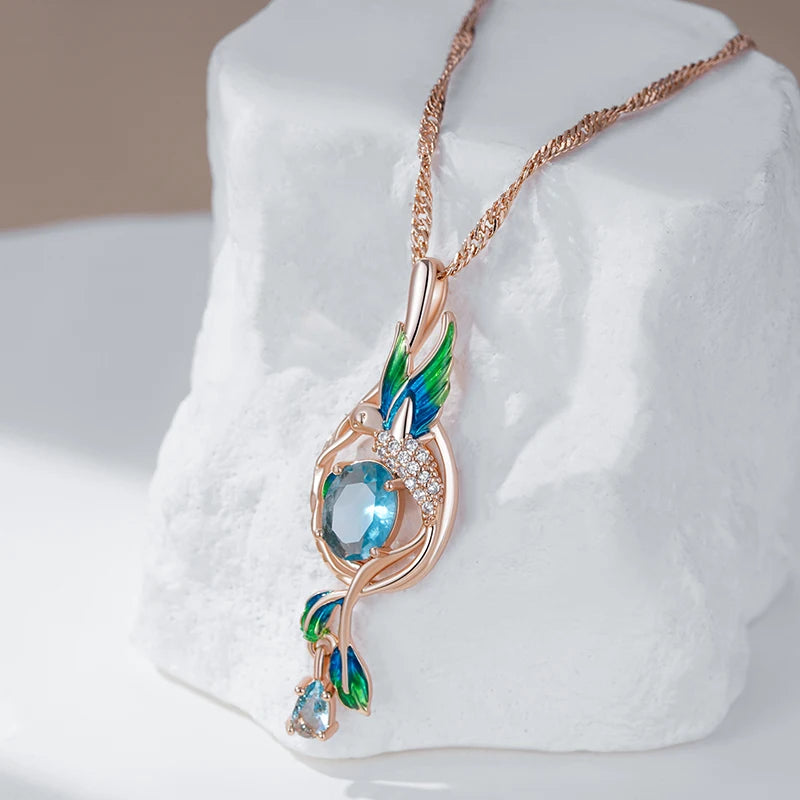 Colourful Enamel Peacock Pendant Necklace - Rose Gold Blue Zircon Jewellery