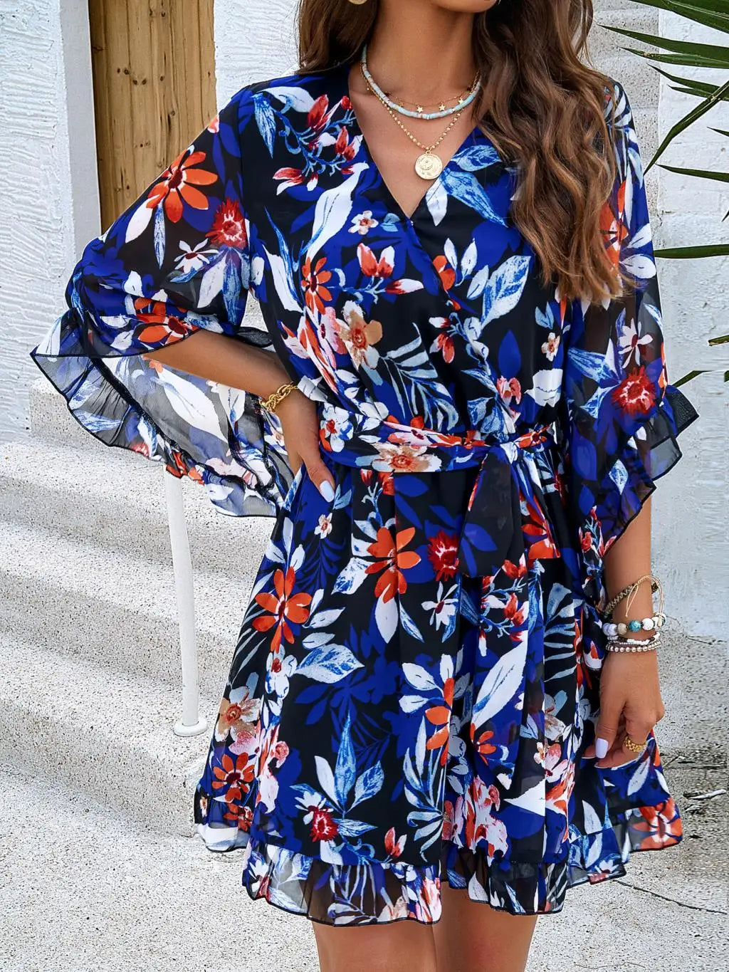 Women's Autumn Winter Half Sleeve Flower Print Elegant V-neck Casual A-Line Knee-Length High Waist Dress