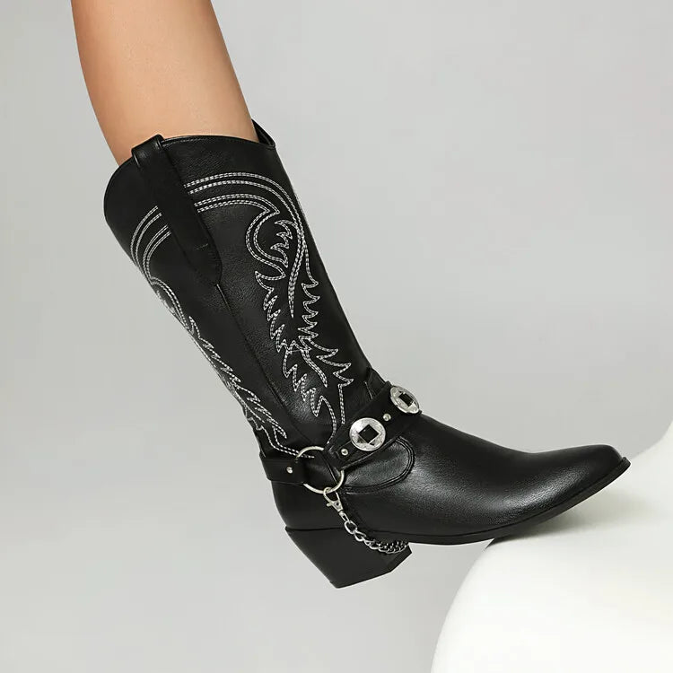 Women's Tapered Circular Metal Chain Chelsea Bohemian Pointed Leather Knee High Boots