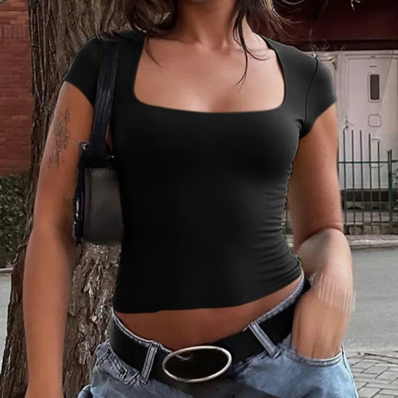Women's Y2K Square Collar Cropped Top - Short Sleeve Slim Fit Summer Tee