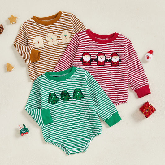 Baby Christmas Romper - Long Sleeve Stripes Print Xmas Embroidery Bodysuit