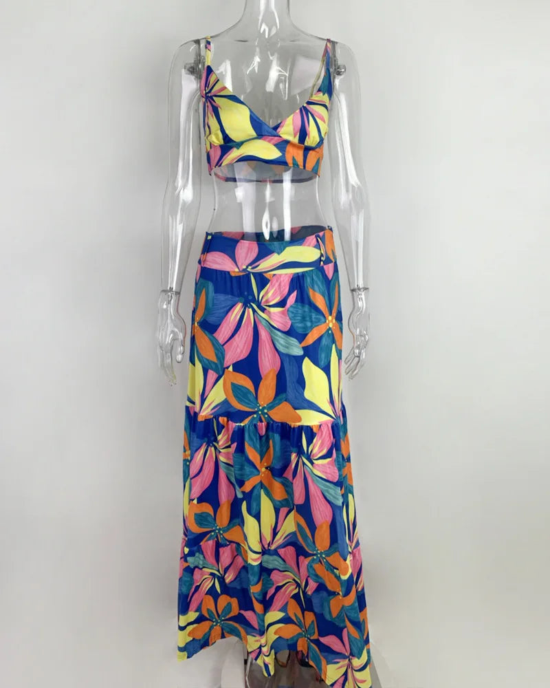 Women's Print Beach Two Piece Skirt White Bra High Waist A-line Long Skirt Beach Set
