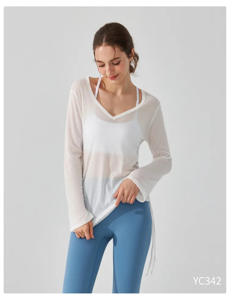 Women's Loose Running Top Long Sleeve Yoga Shirt V-Neckline Workout Blouse Sportswear Workout Clothes