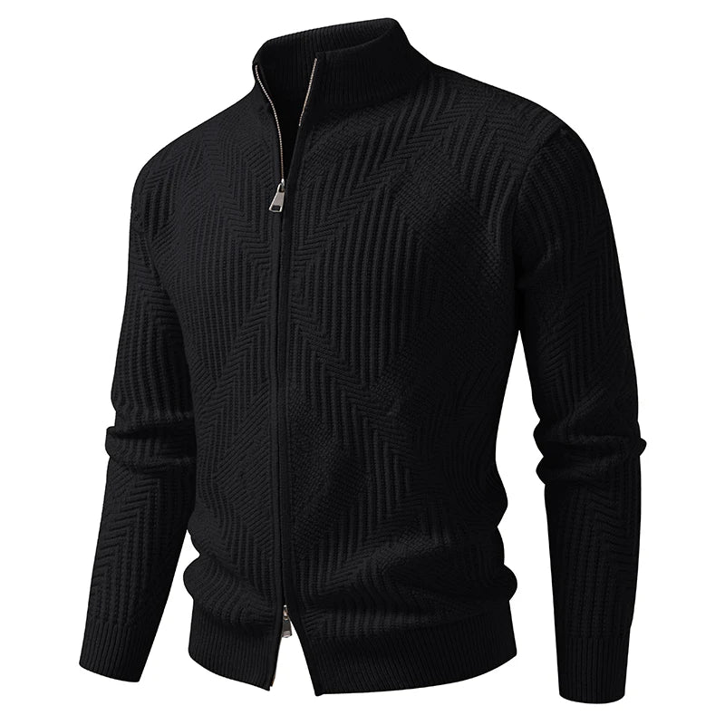 Men's Stand Collar Geometric Knit Sweatercoat - Solid Colour Casual Cardigan for Autumn Winter
