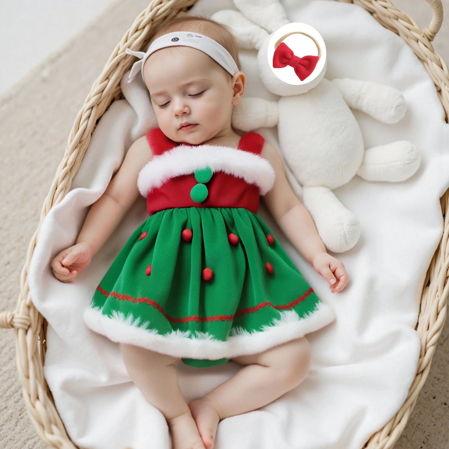Baby Girls Princess Christmas Romper Dress with Bow Headband - Gingerbread Design