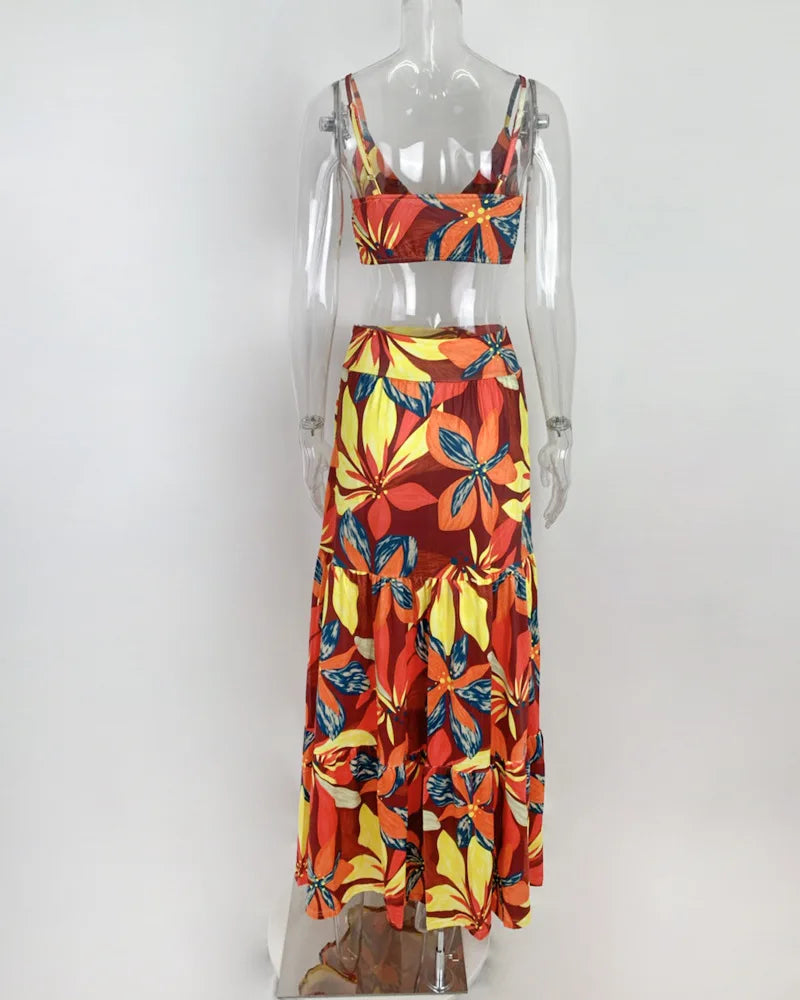 Women's Print Beach Two Piece Skirt White Bra High Waist A-line Long Skirt Beach Set