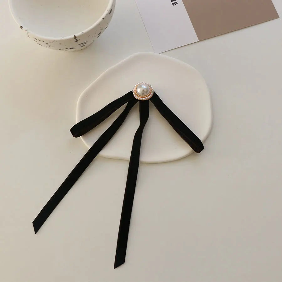 Anime Style Velvet Bow Pearl Brooch - Sweet Academic Pin for Girls