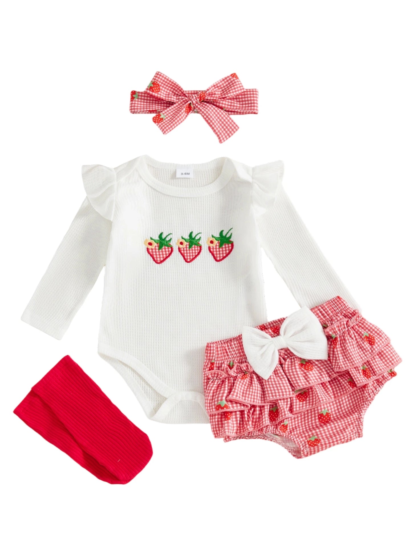 Baby Girls Strawberry Outfit Set - 4-Piece Long Sleeve Romper, Plaid Shorts, Headband & Socks (0-18M)