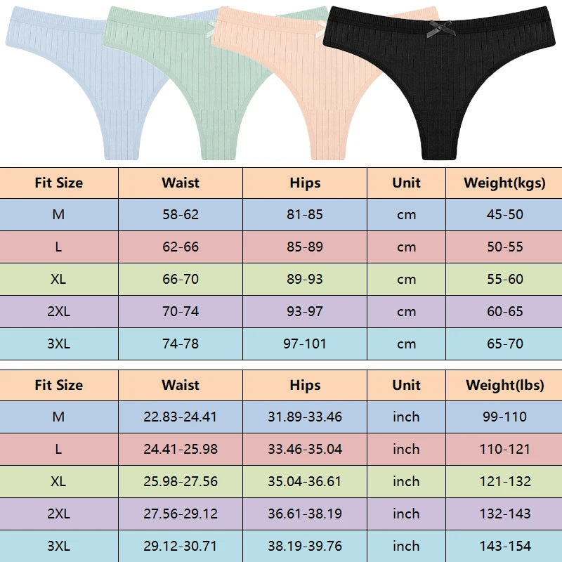 Women's Cotton Bow Tie Underwear 5-Pack - Ribbed Striped Low Waist Thongs