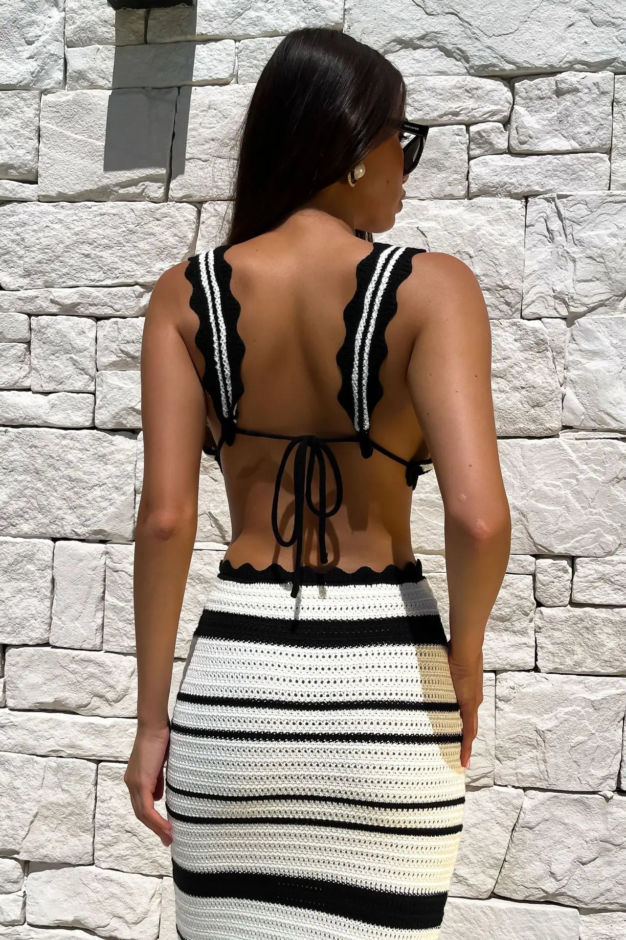 Women's Summer Beachwear Stripe Dress Set -Deep V Neck Knitted Top and Skirt 2 Piece Sets