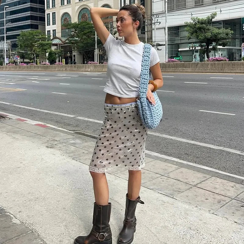 Women's Sequined Dots Lace Trim Y2K Mini Skirt - Low Rise Summer Bottom