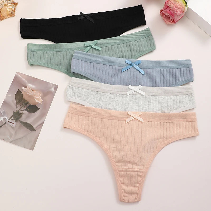 Women's Cotton Bow Tie Underwear 5-Pack - Ribbed Striped Low Waist Thongs