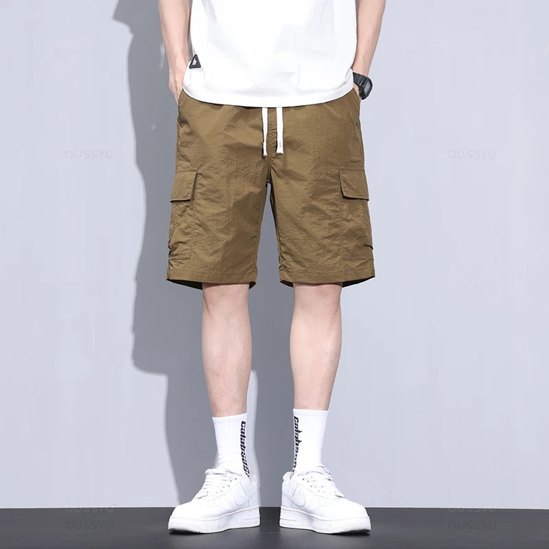 Summer Ultrathin Shorts Pants Men Cargo Work Side Pockets Joggers Grey Bermuda Knee Beach Nylon Short Pant Male Big Size M-5XL