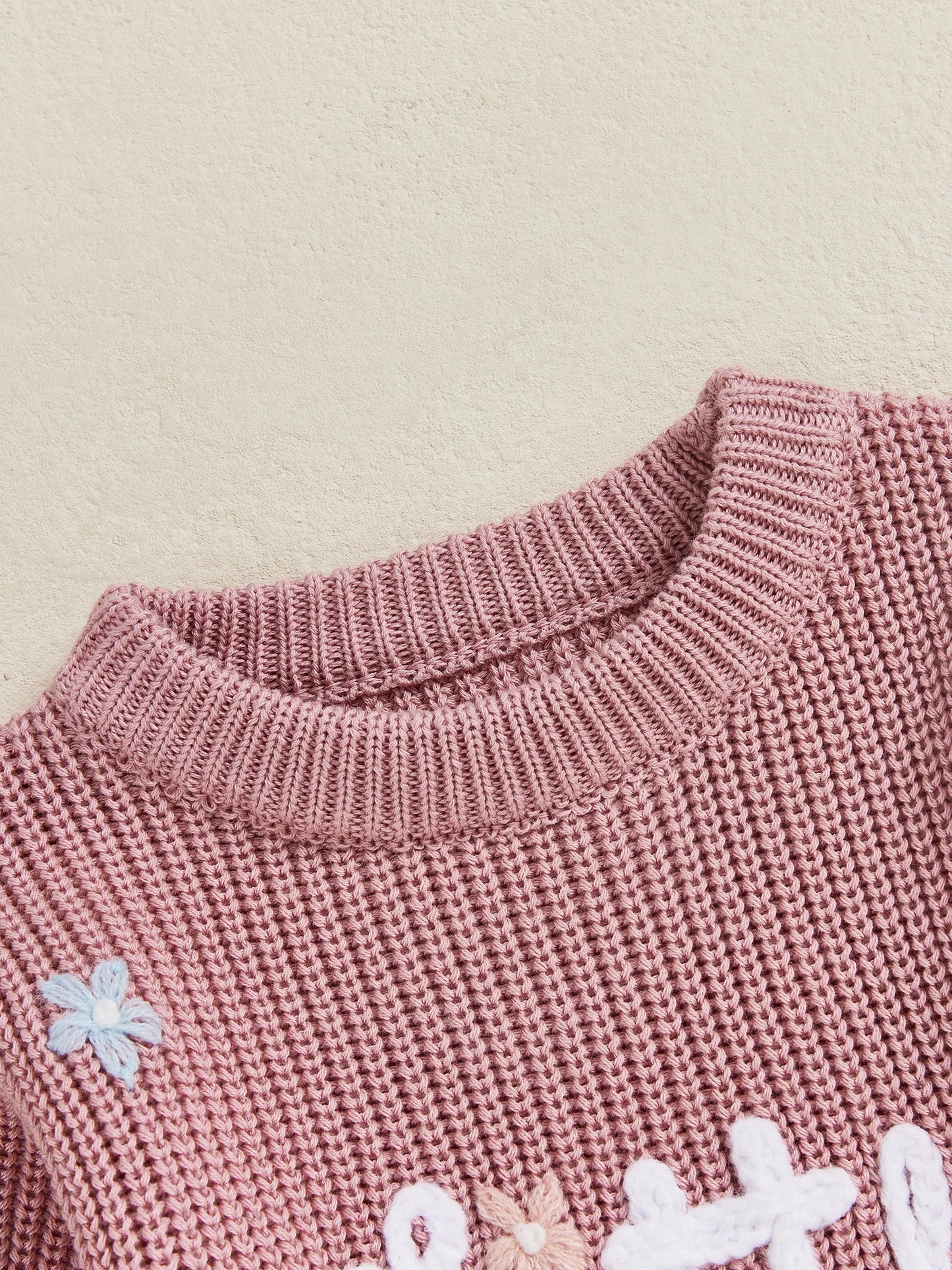 Newborn Baby Sweater Romper - Letter Floral Embroidery Round Neck Knit Jumpsuit