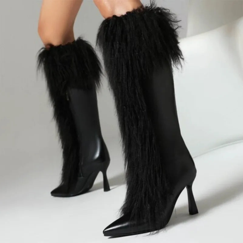 Women's Pointed Patent Leather Knee High Side Zipper High Heel Boots