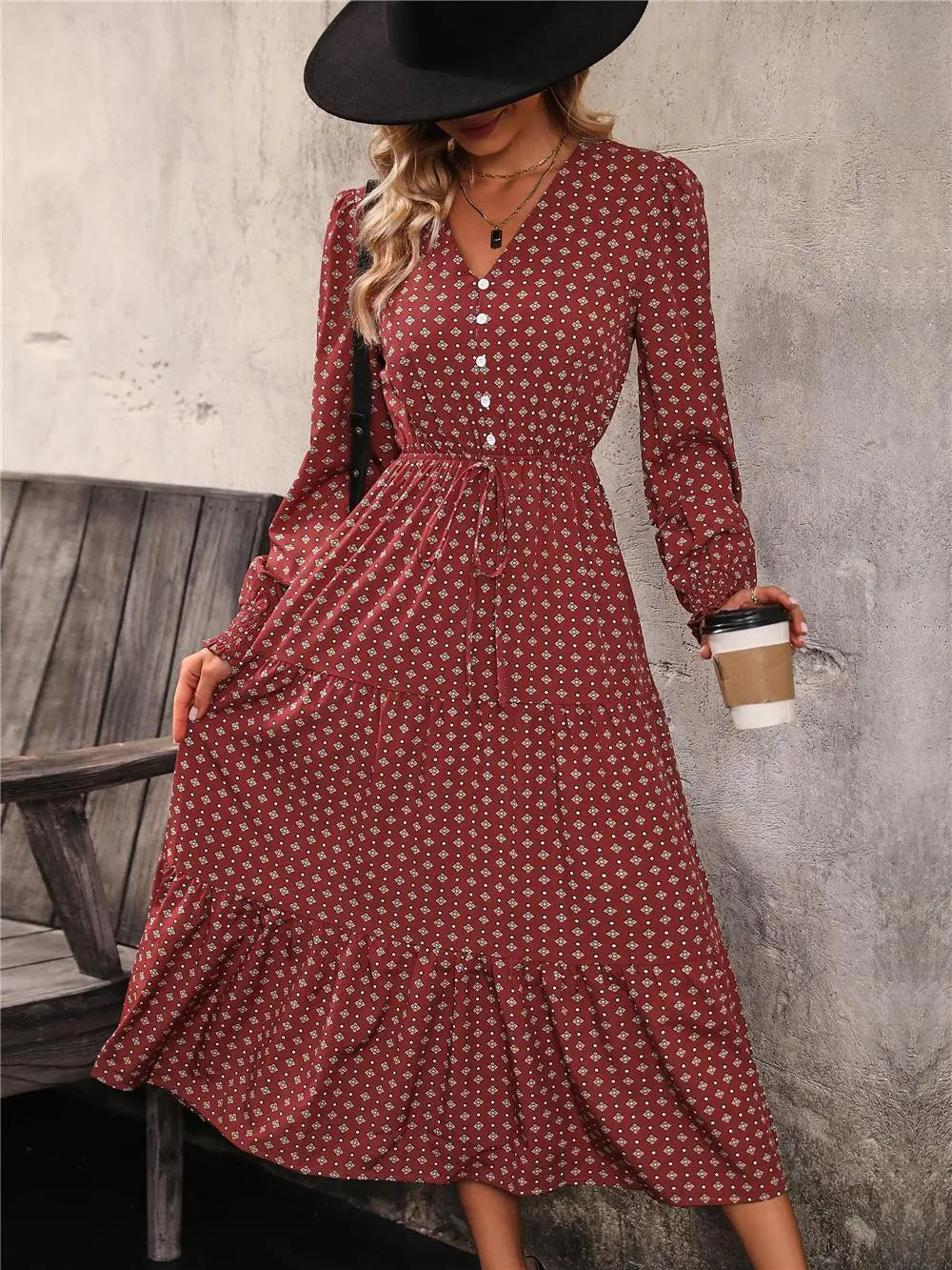 Women's Autumn Winter Long Sleeve Print V-neck Chiffon A-Line Knee Length High Waist Dress