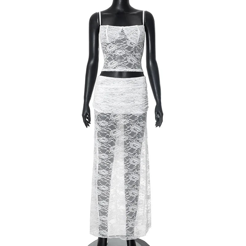 Women's Lace Trimmed Dress Set Club Outfits Lace Up Summer Backless Sheer Top and Skirt Co-ords Set