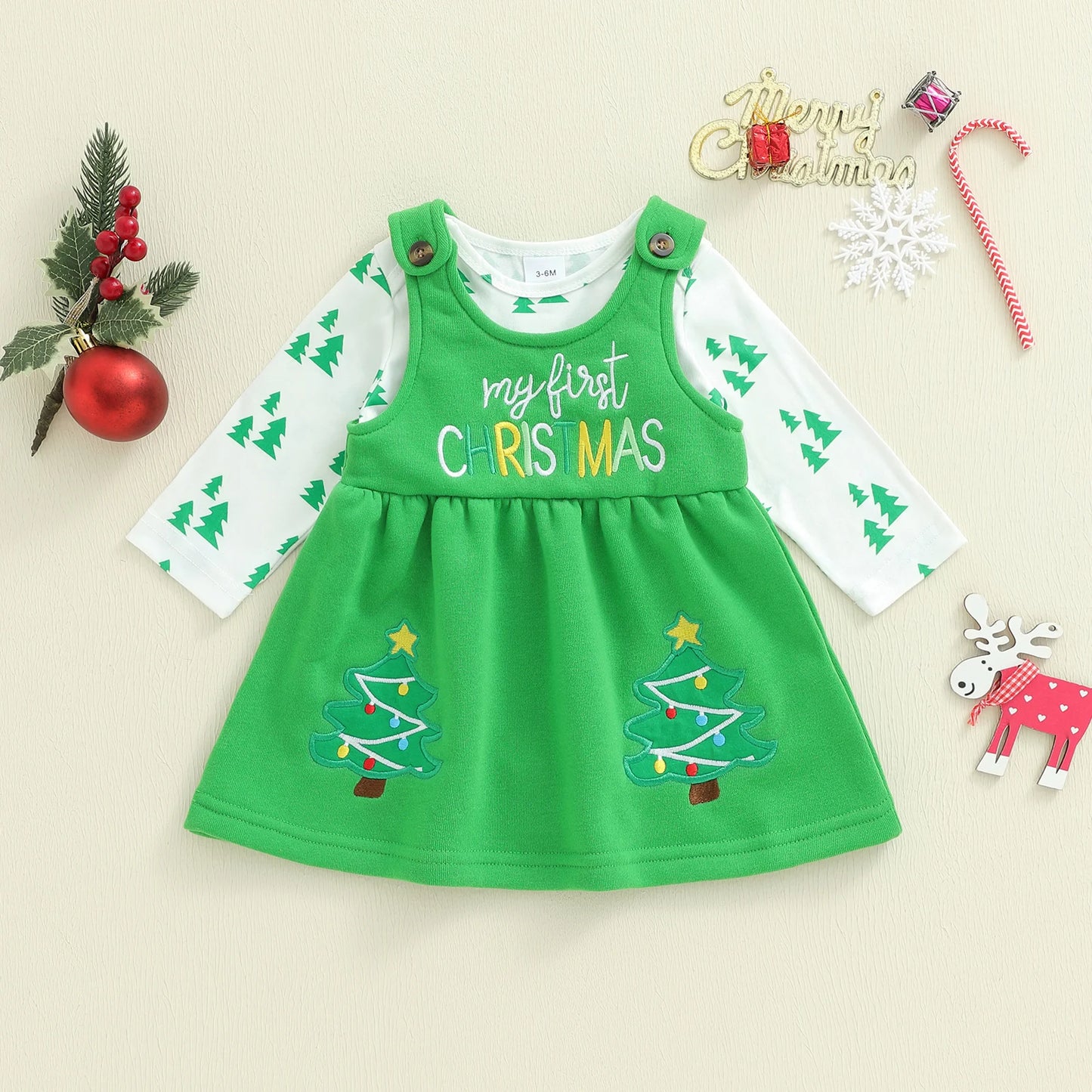 Baby Girls Christmas Clothes Set - Xmas Tree Print Long Sleeve Romper & Letter Embroidery Sleeveless Dress