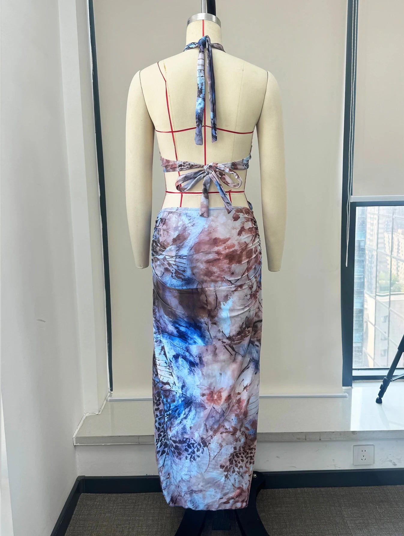 Women's Cut out Bodycon Halter Sleeveless Halter Lace Up Patchwork Long Beach Style Summer Dress