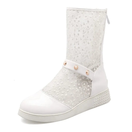 Women's Leather Splicing Mesh Pearl Metal Decoration Zipper Ankle Boots