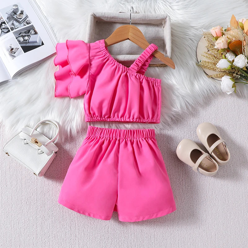 1-6Y Kids Girls Clothes Set Ruffles One Shoulder Sleeveless Vest with Solid Shorts Summer Outfit