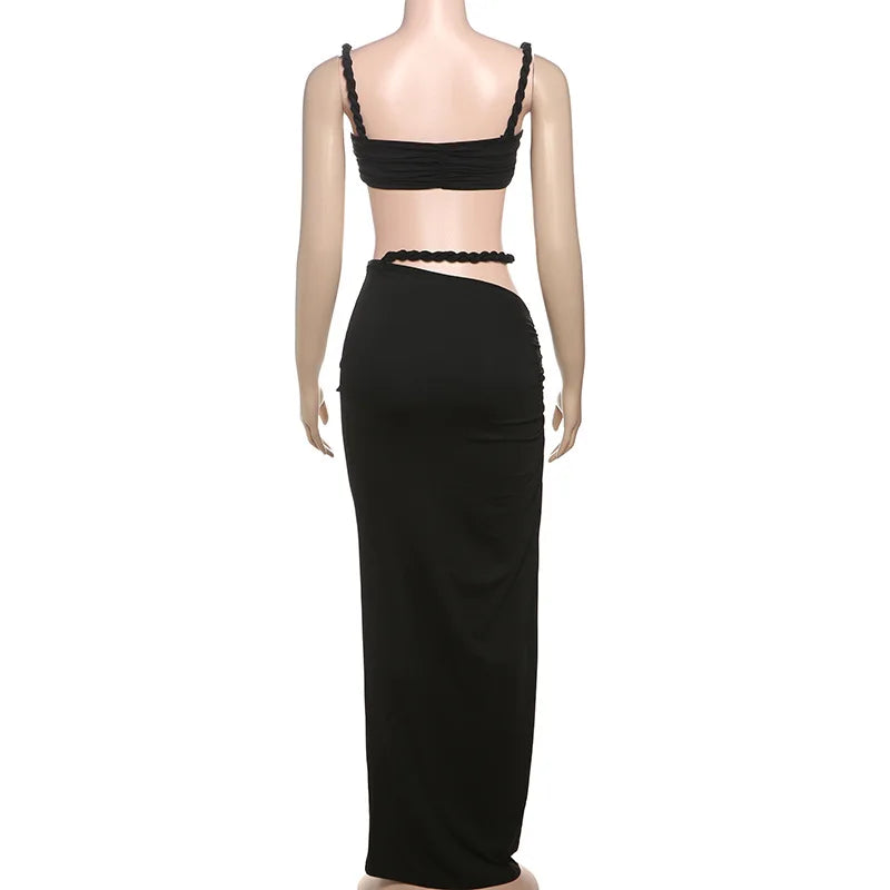 Women's Ruched Bandage 2 Piece Set Backless Decorative Cord Top and Skirt Dress Set
