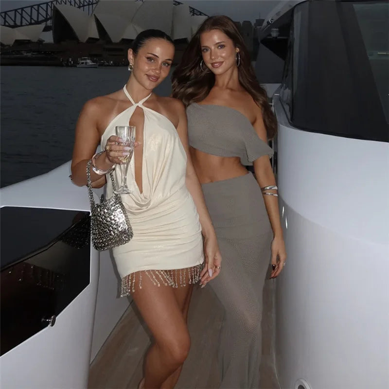 Women's Elegant Sheer Dress Sets 2 Pieces Outfit Asymmetrical Top and Skirt Matching Set