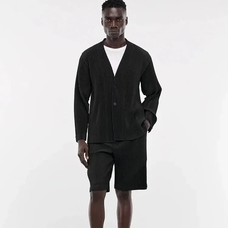 Men's Japanese Pleated Premium Sense Jacket Casual Loose Collarless Set