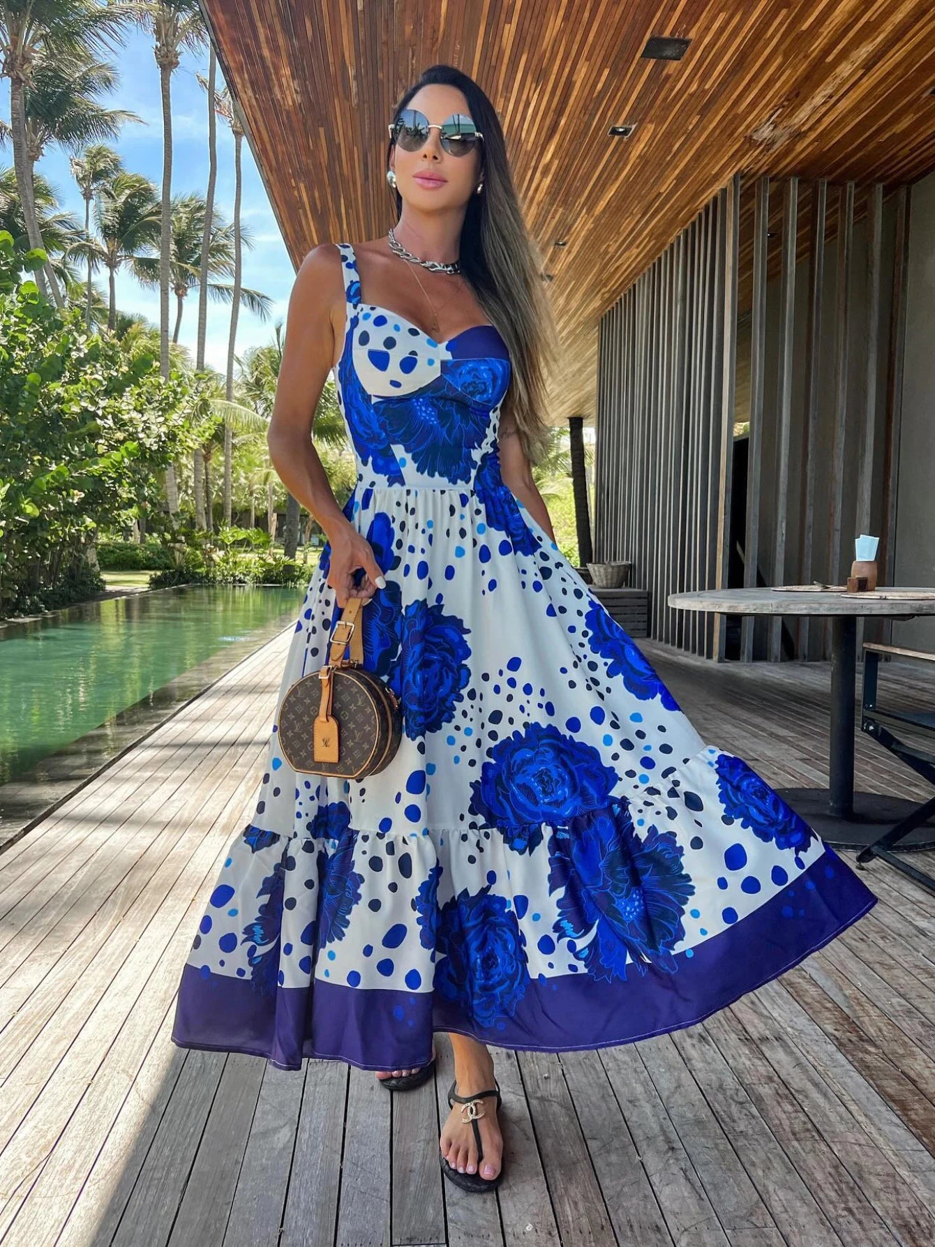 Women's Floral Printed Elegant Sleeveless Long Lace Up Robe Summer Bodycon Dress