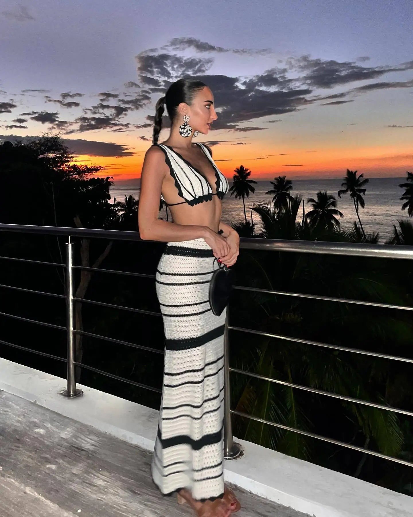 Women's Summer Beachwear Stripe Dress Set -Deep V Neck Knitted Top and Skirt 2 Piece Sets