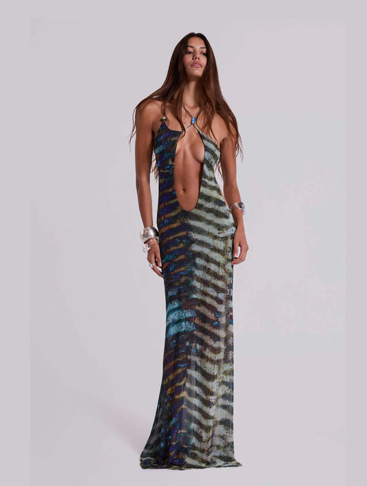 Bohemian Halter Maxi Dress - Asymmetric Print Beach Cover-Up