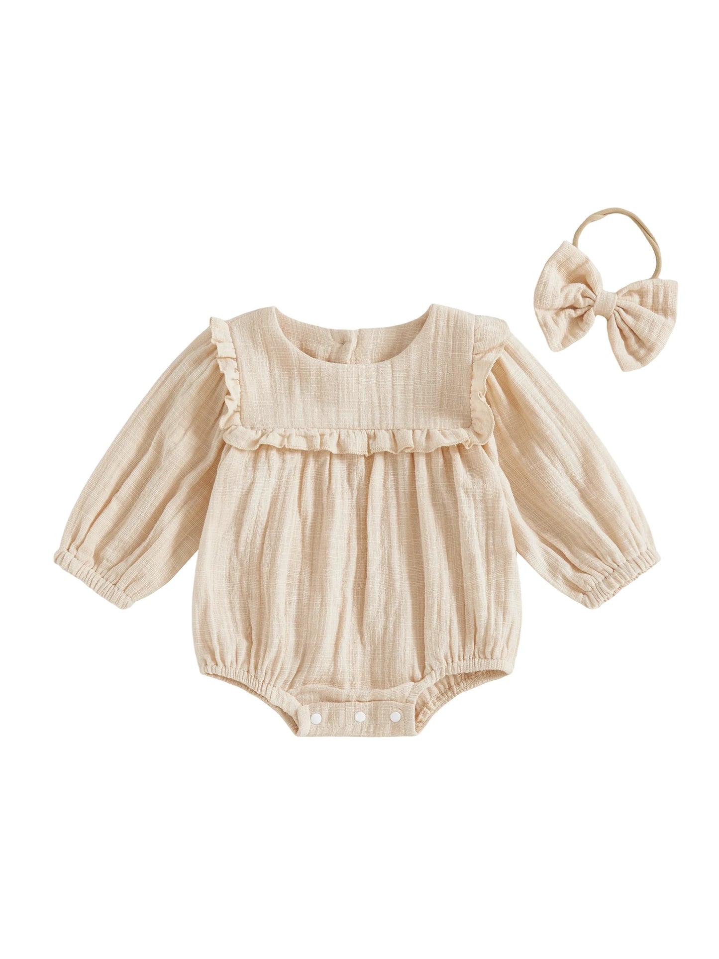 Baby Girls Fall Romper - Solid Color Long Sleeve Round Neck Ruffled Jumpsuit with Bow Headband