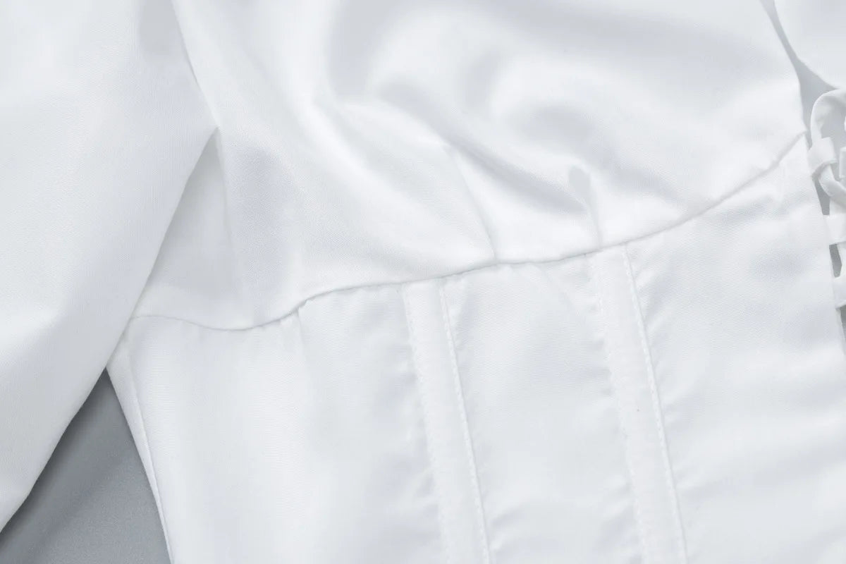 Women's Lace Up White Tie Front Top Shirt Blouse Long Sleeve Cropped Top