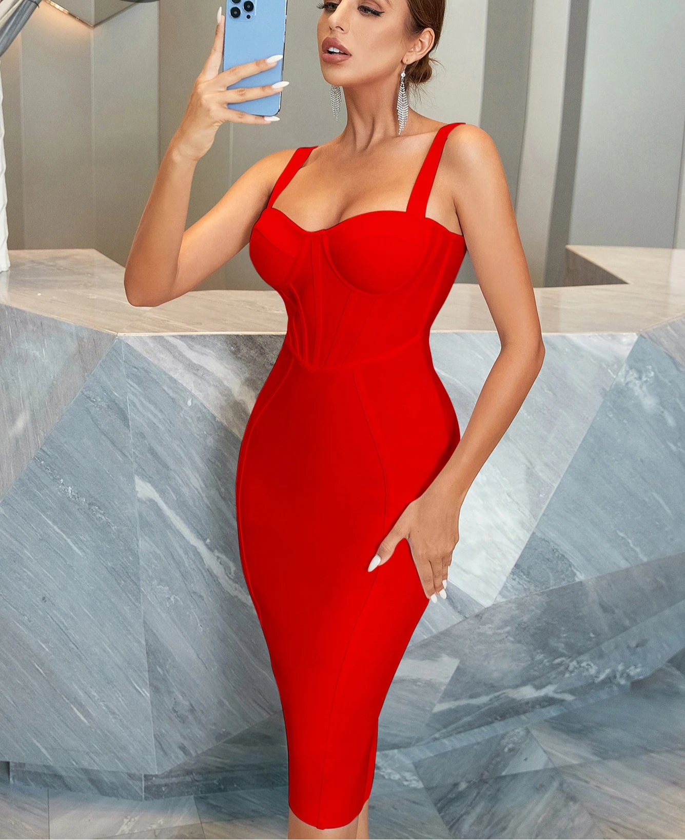 Women's Spaghetti Strap Midi Club Bandage Sleeveless Party Summer Dress